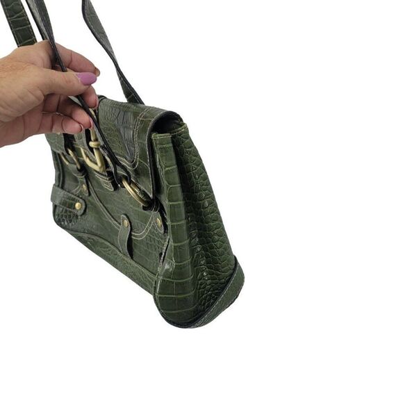 Vintage Green Vegan Faux Croc Shoulder Bag Satchel Gold Buckle Multiple Pockets - Picture 9 of 13